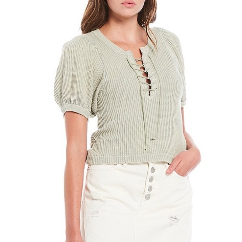 Thermal Waffle Knit Puff Sleeve Lace-Up Cotton Tee